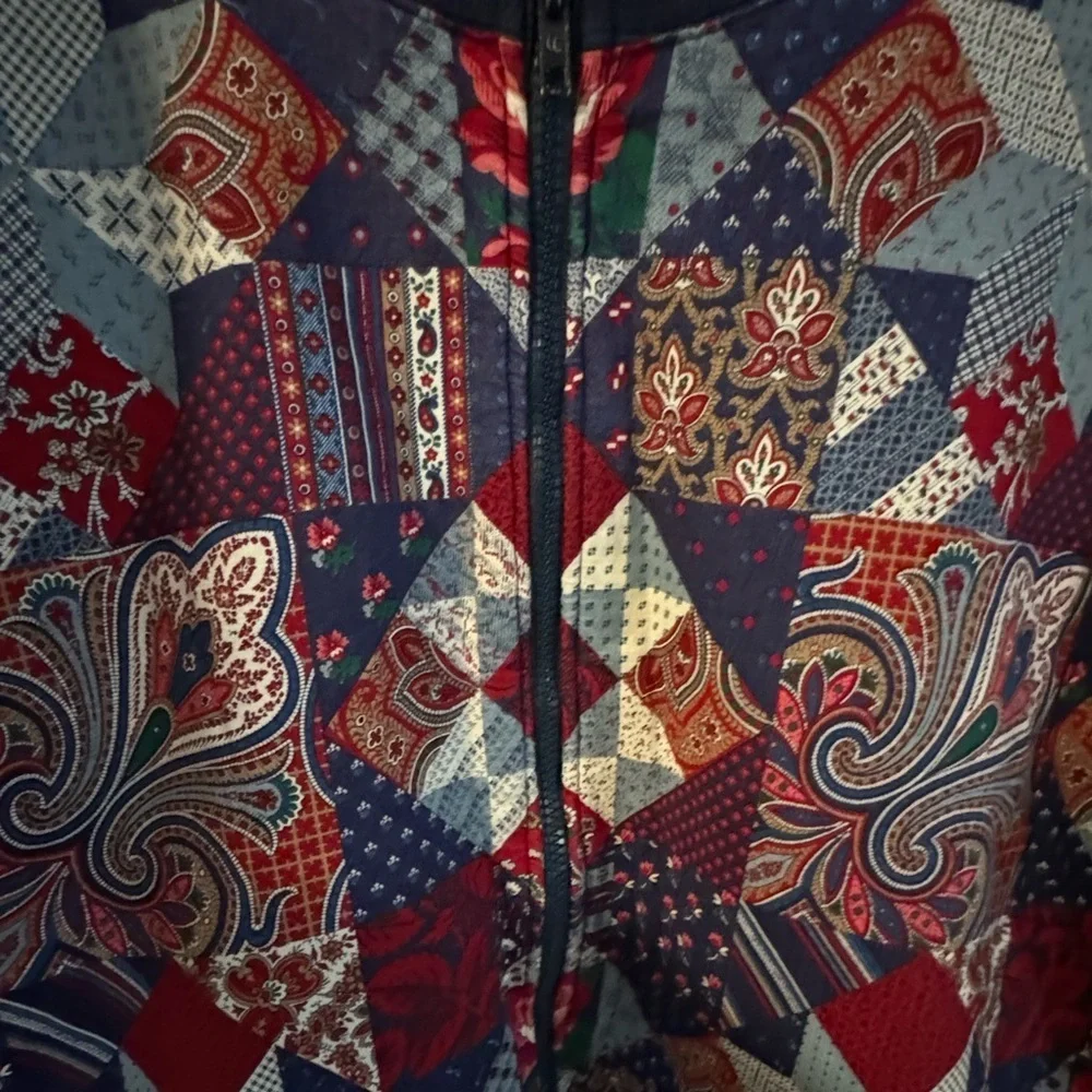 VTG 90’s Blue Multi Pattern Quilted Bomber Zip Up Sweater Jacket Grannycore - Picture 10 of 10